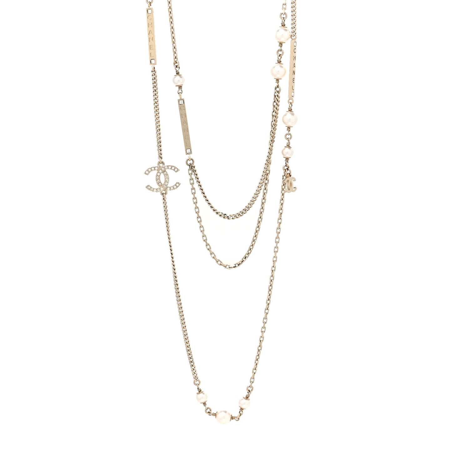 Pearl Crystal CC Long Layered Necklace Gold