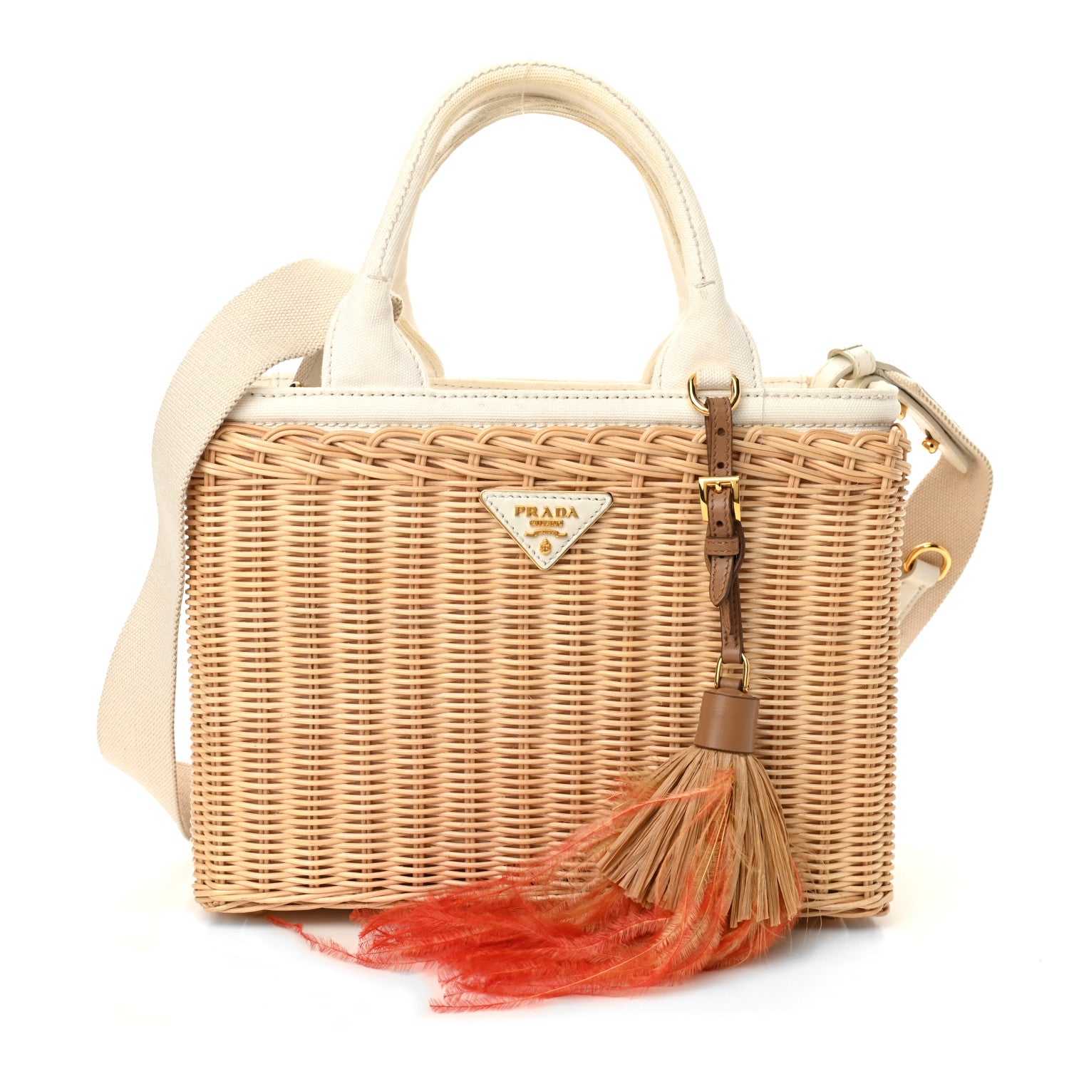 Prada Canvas Wicker Shoulder Bag White Tan 1 of 12