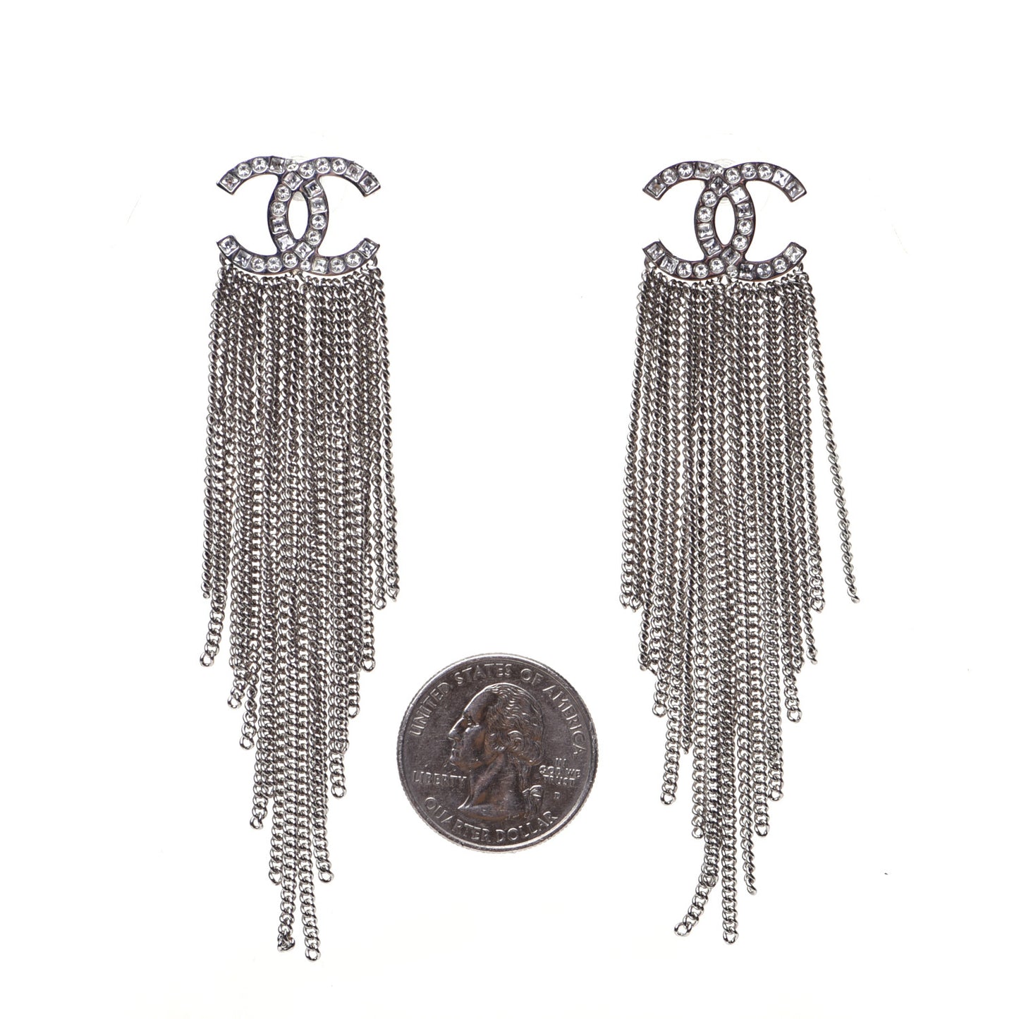 Baguette Crystal CC Chain Drop Earrings Silver