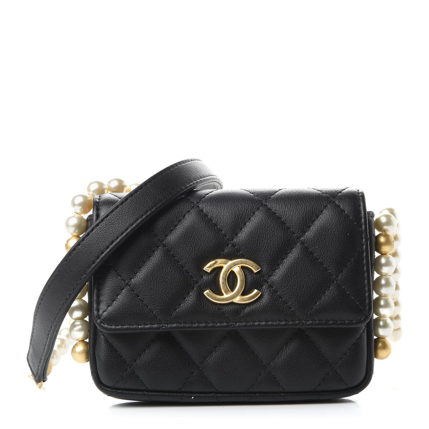 Calfskin Quilted About Pearls Card Holder Flap With Chain Black