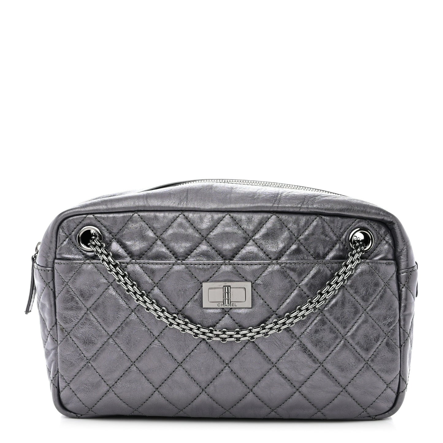 Metallic Aged Calfskin Quilted Medium Reissue Camera Case Dark Silver