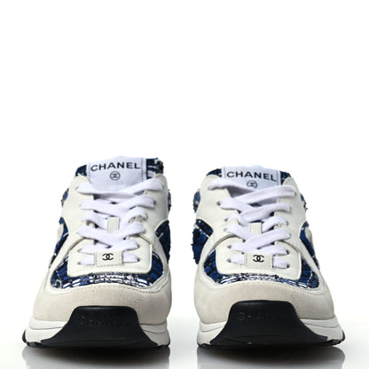 Chanel Tweed Suede Calfskin Womens CC Sneakers 38.5 Dark Blue Black Grey White 2 of 10