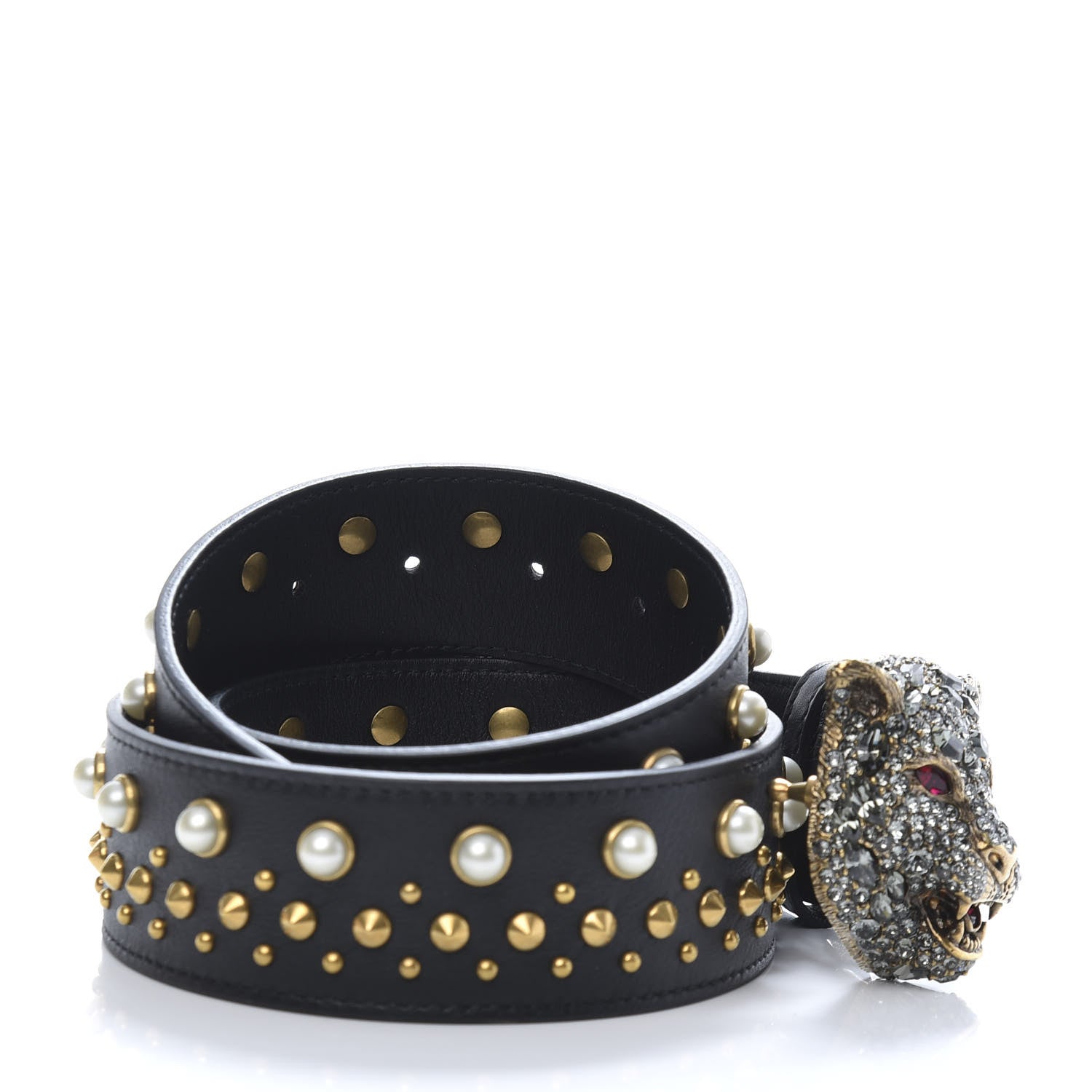 Gucci Calfskin Pearl Studded Swarovski Crystal Feline Belt 85 34 Black 5 of 6