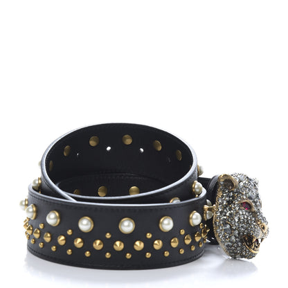 Gucci Calfskin Pearl Studded Swarovski Crystal Feline Belt 85 34 Black 5 of 6