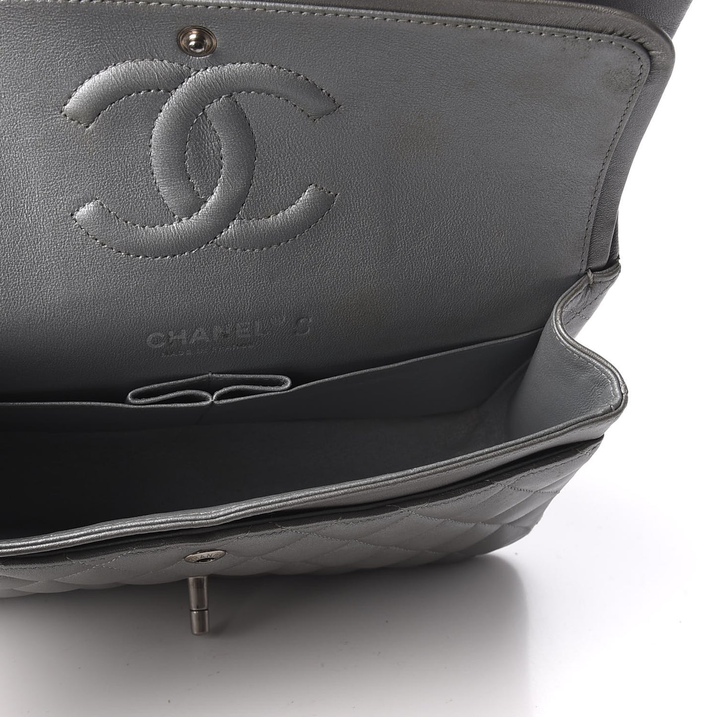 Metallic Lambskin Quilted Medium Double Flap Silver