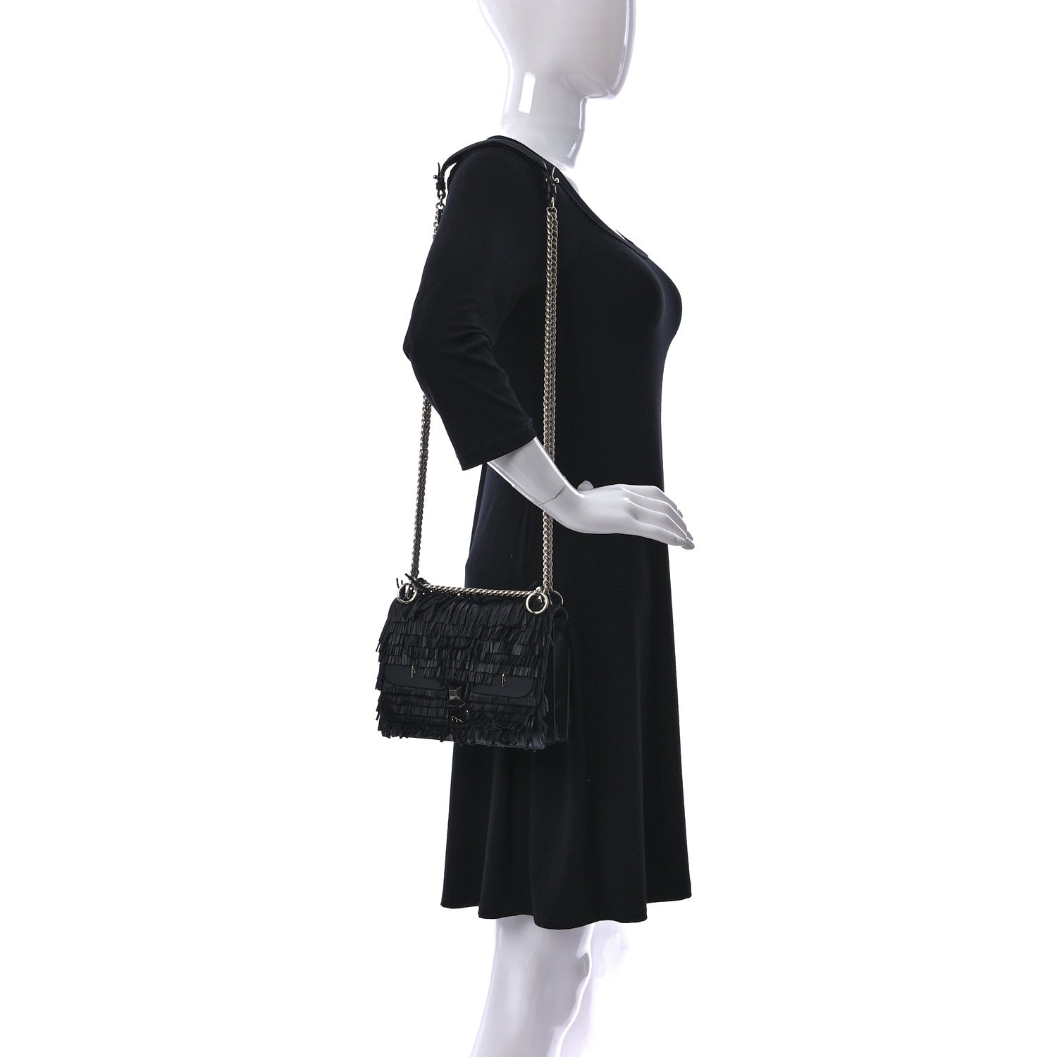 Fendi Smooth Calfskin Monster Eyes Fringe Studded Small Kan I Shoulder Bag Black 2 of 8