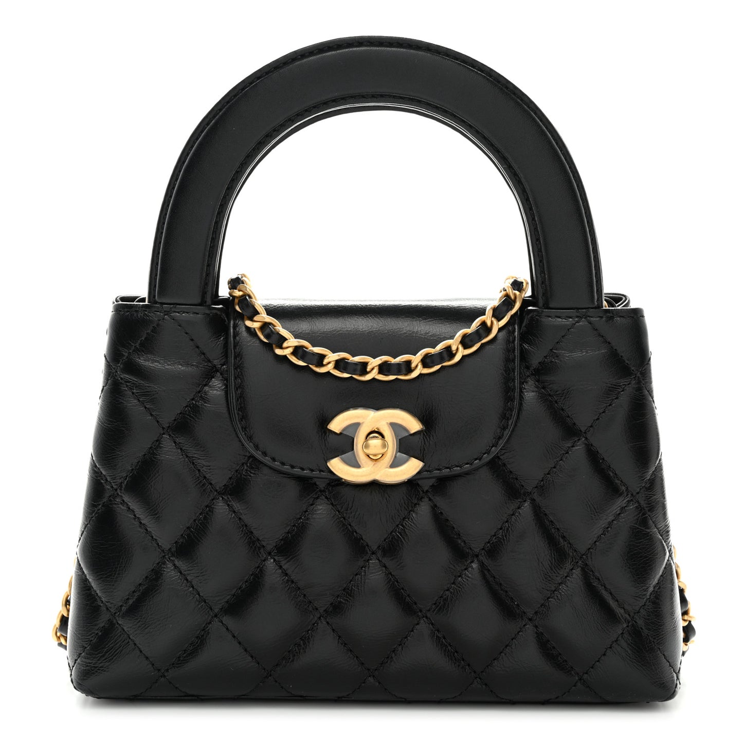Shiny Aged Calfskin Quilted Nano Kelly Shopper Black