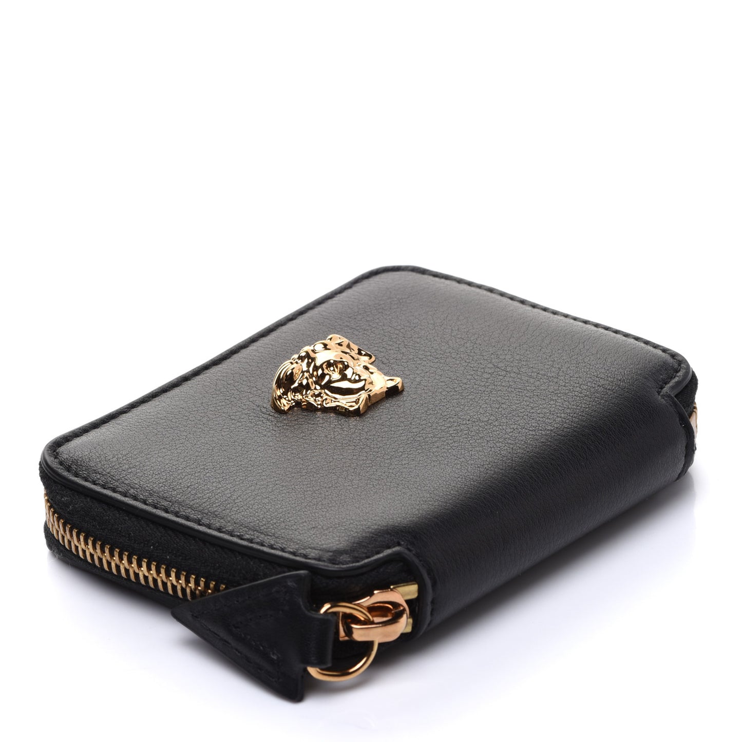 Calfskin Medusa Compact Zip Around Wallet Black
