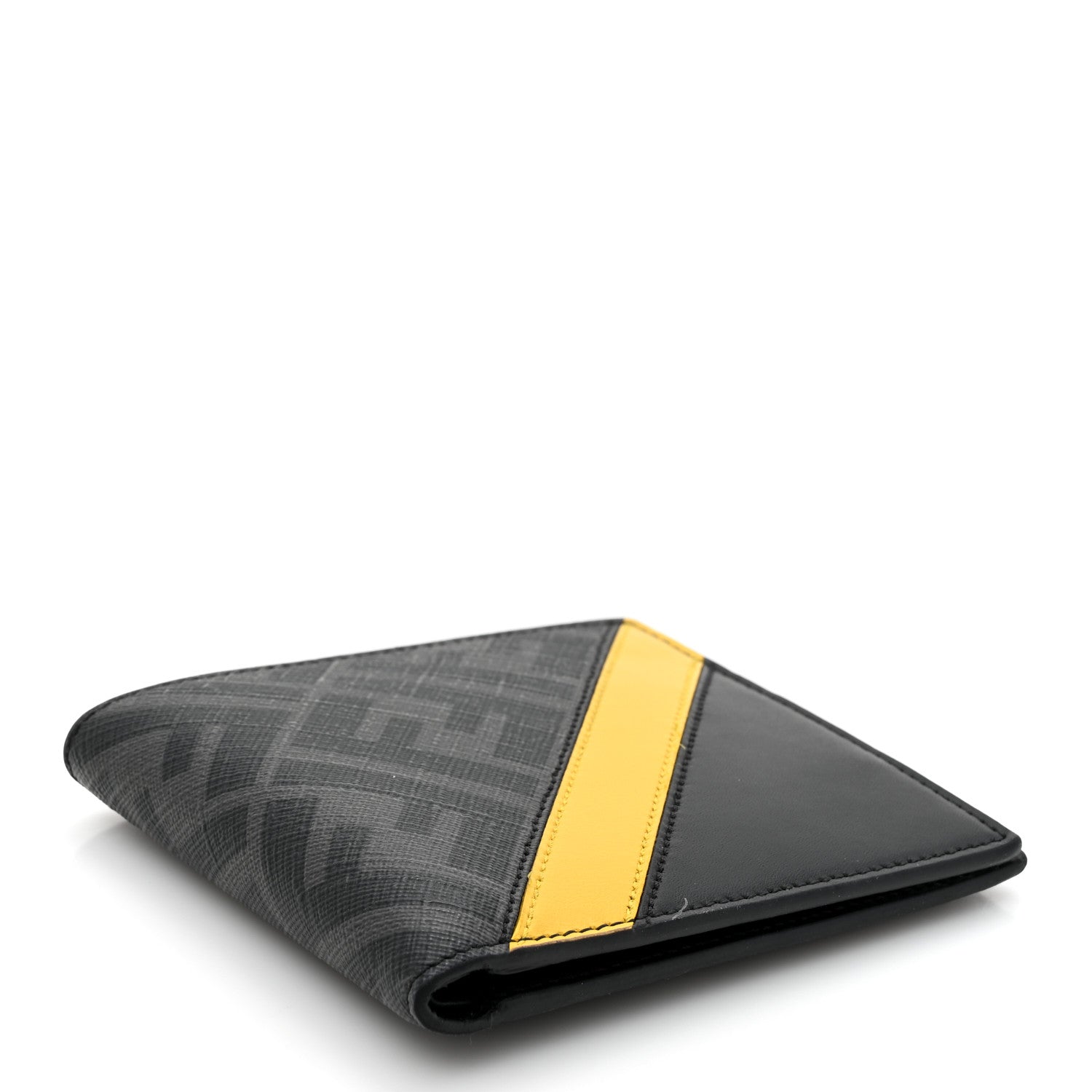 Fendi Glazed Fabric Vitello King FF 1974 Diagonal Bi-Fold Wallet Grey Black Sunflower 4 of 10