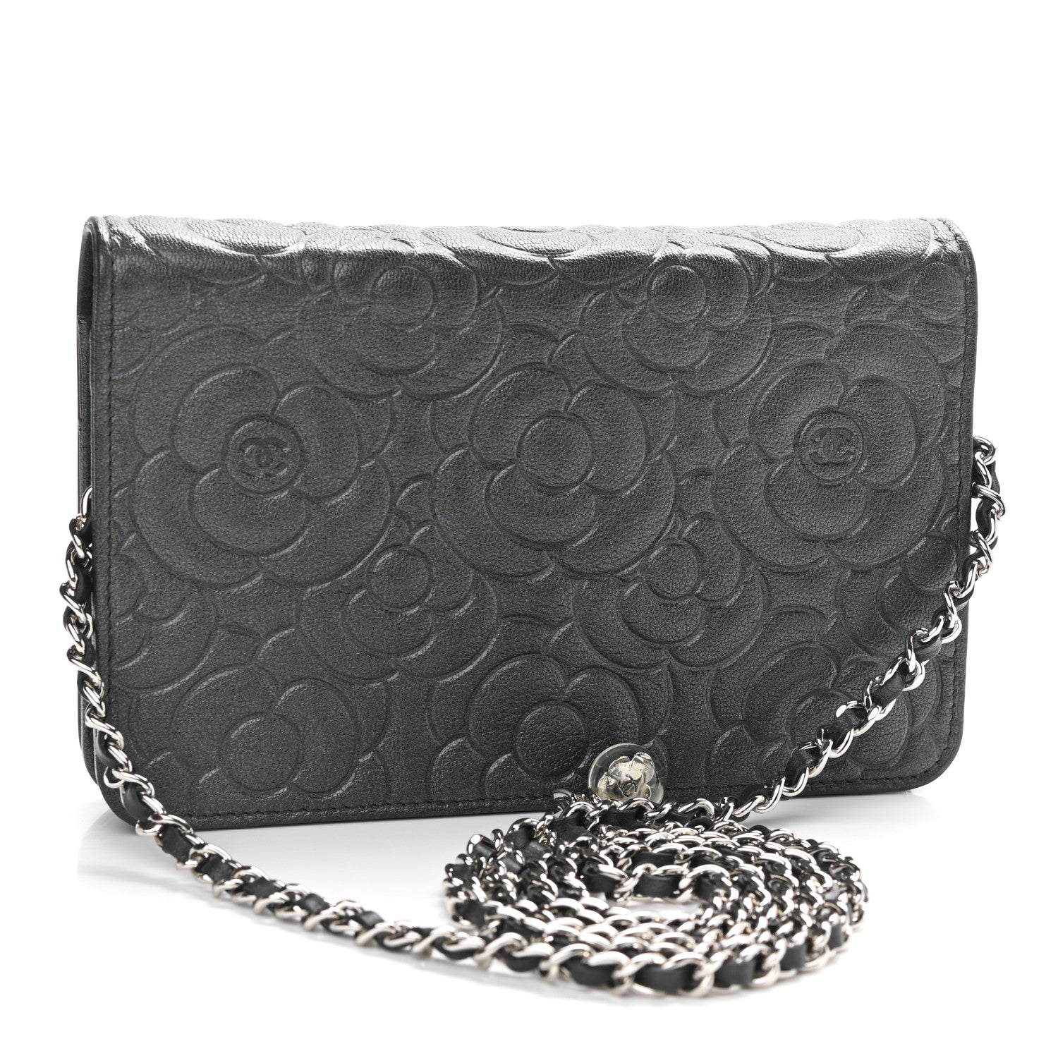 Chanel Goatskin Camellia Embossed Wallet On Chain WOC Grey 3 of 12
