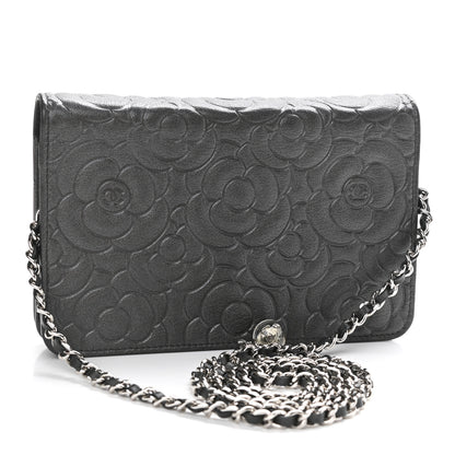 Chanel Goatskin Camellia Embossed Wallet On Chain WOC Grey 3 of 12