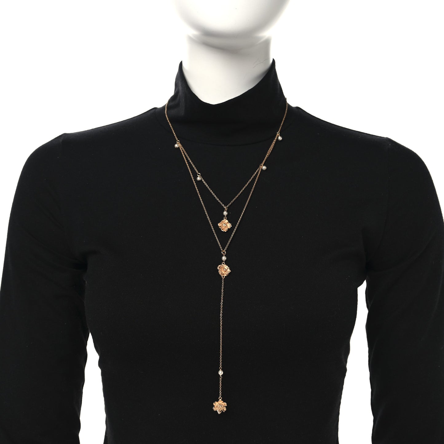 Metal Pearl Flower Double Necklace Rose Gold