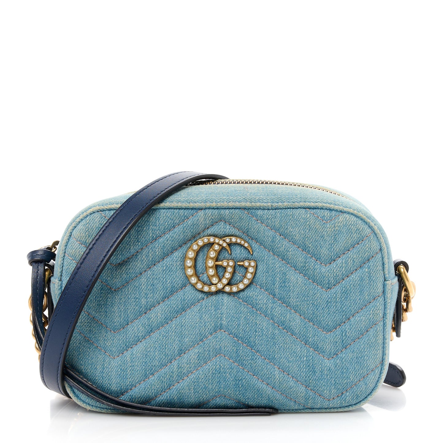 Denim Matelasse Mini Pearly GG Marmont Chain Shoulder Bag Blue
