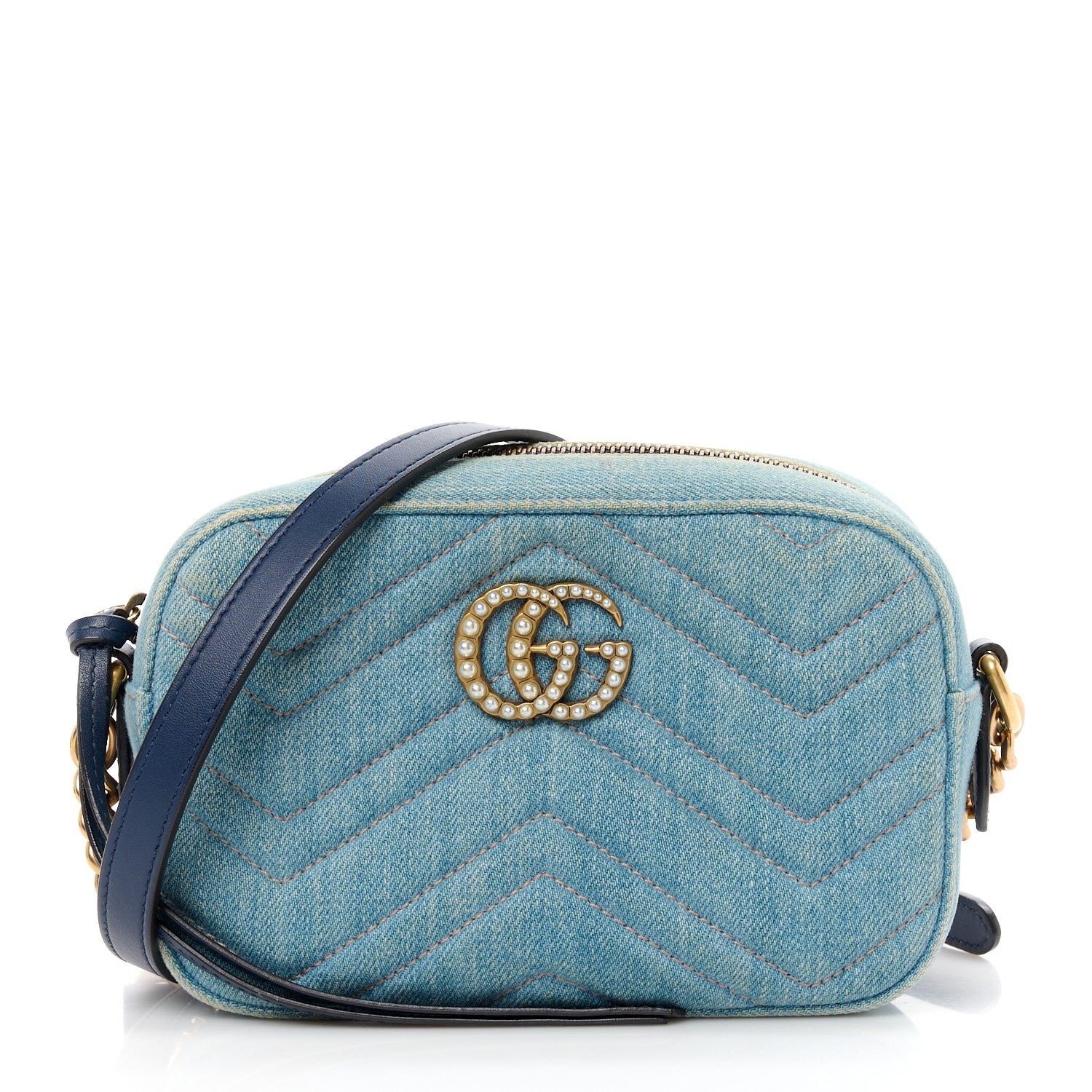 Gucci Denim Matelasse Mini Pearly GG Marmont Chain Shoulder Bag Blue 1 of 12