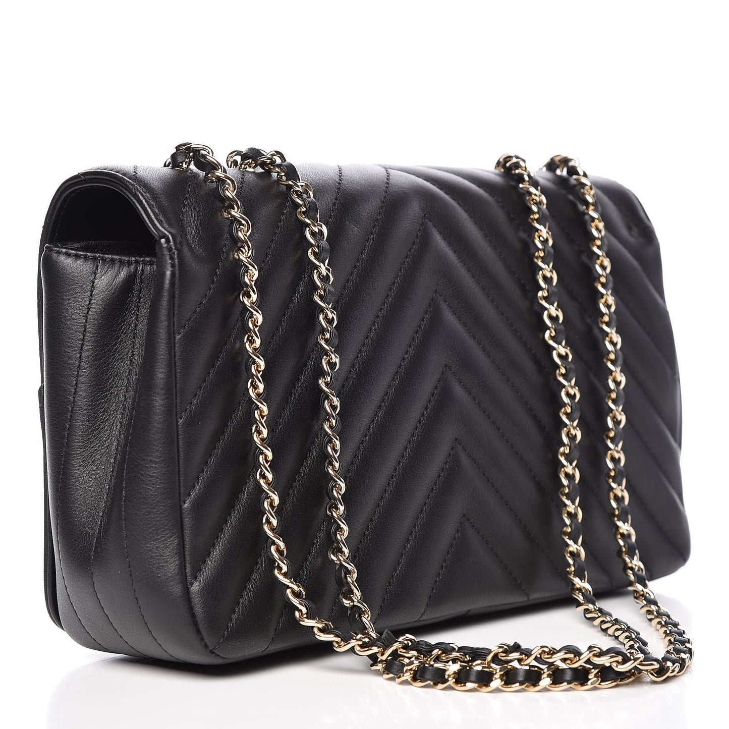 Calfskin Chevron Quilted Statement Flap Black