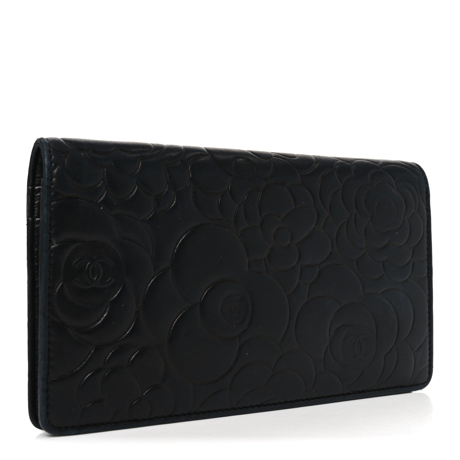 Chanel Lambskin Camellia Embossed Yen Wallet Black 3 of 10