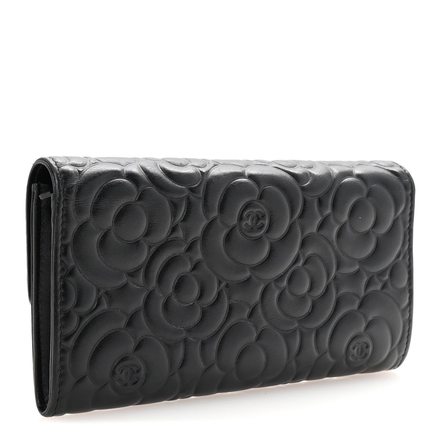 Chanel Goatskin Embossed Camellia Large Gusset Flap Wallet Black 3 of 8