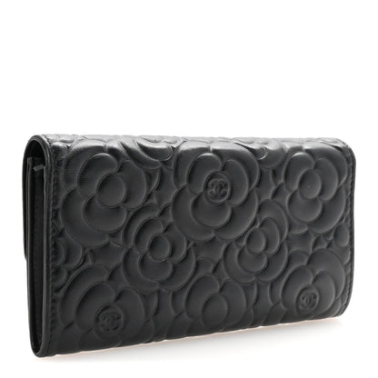 Chanel Goatskin Embossed Camellia Large Gusset Flap Wallet Black 3 of 8