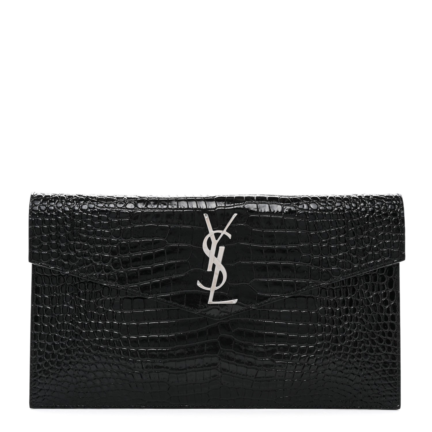 Saint Laurent Calfskin Crocodile Embossed Uptown Monogram Pouch Black 1 of 8