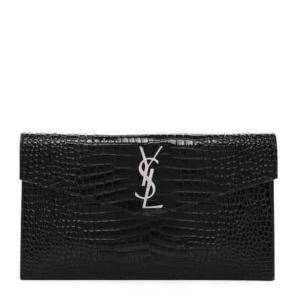 Saint Laurent Calfskin Crocodile Embossed Uptown Monogram Pouch Black 1 of 8