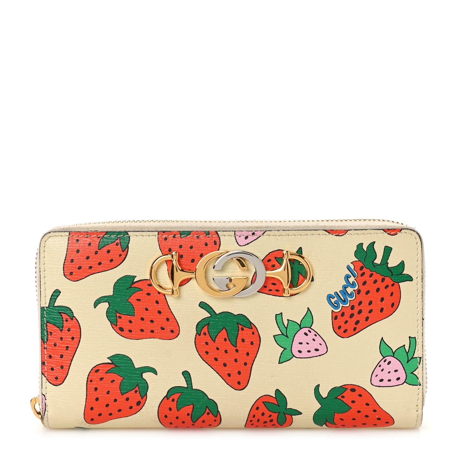 Grainy Calfskin Strawberry Zumi Zip Around Wallet Ivory Red