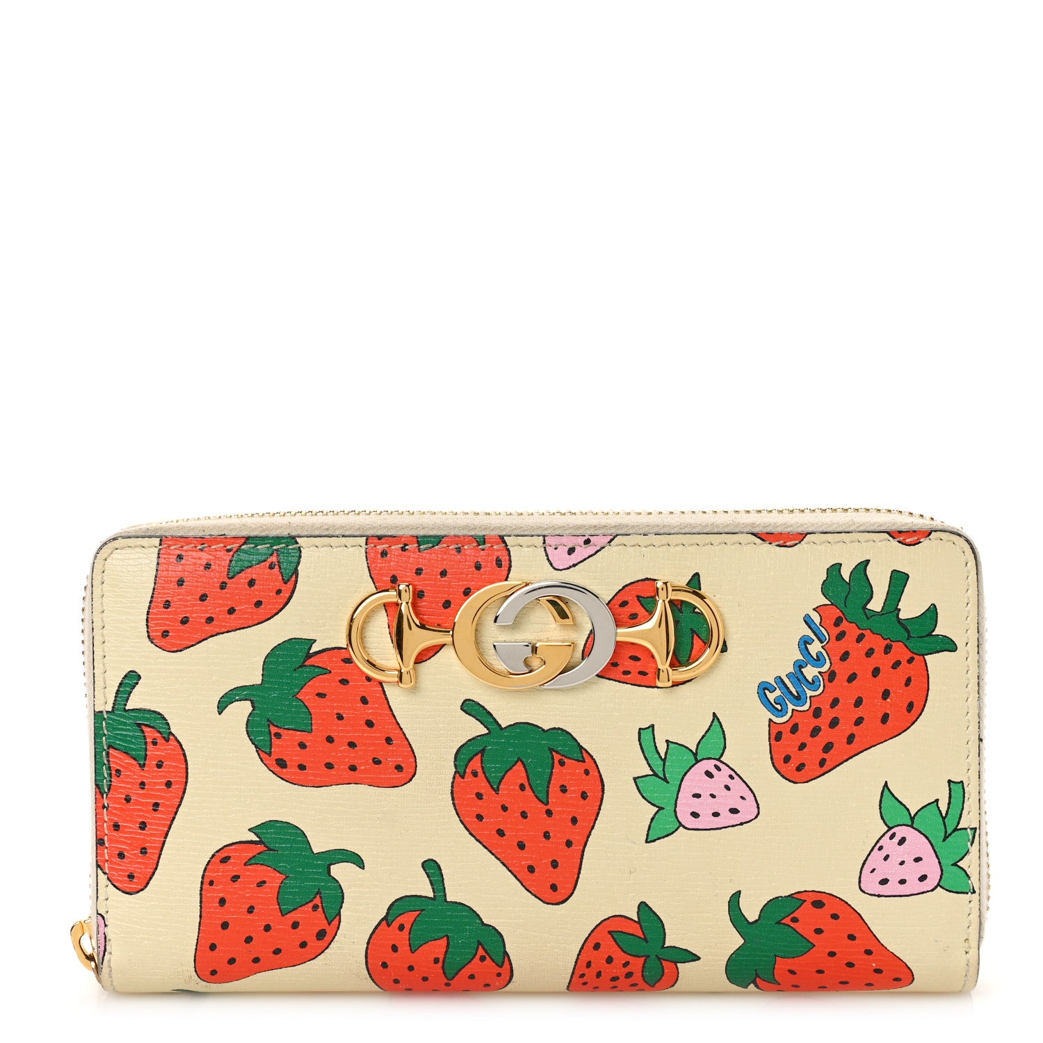 Gucci Grainy Calfskin Strawberry Zumi Zip Around Wallet Ivory Red 1 of 10