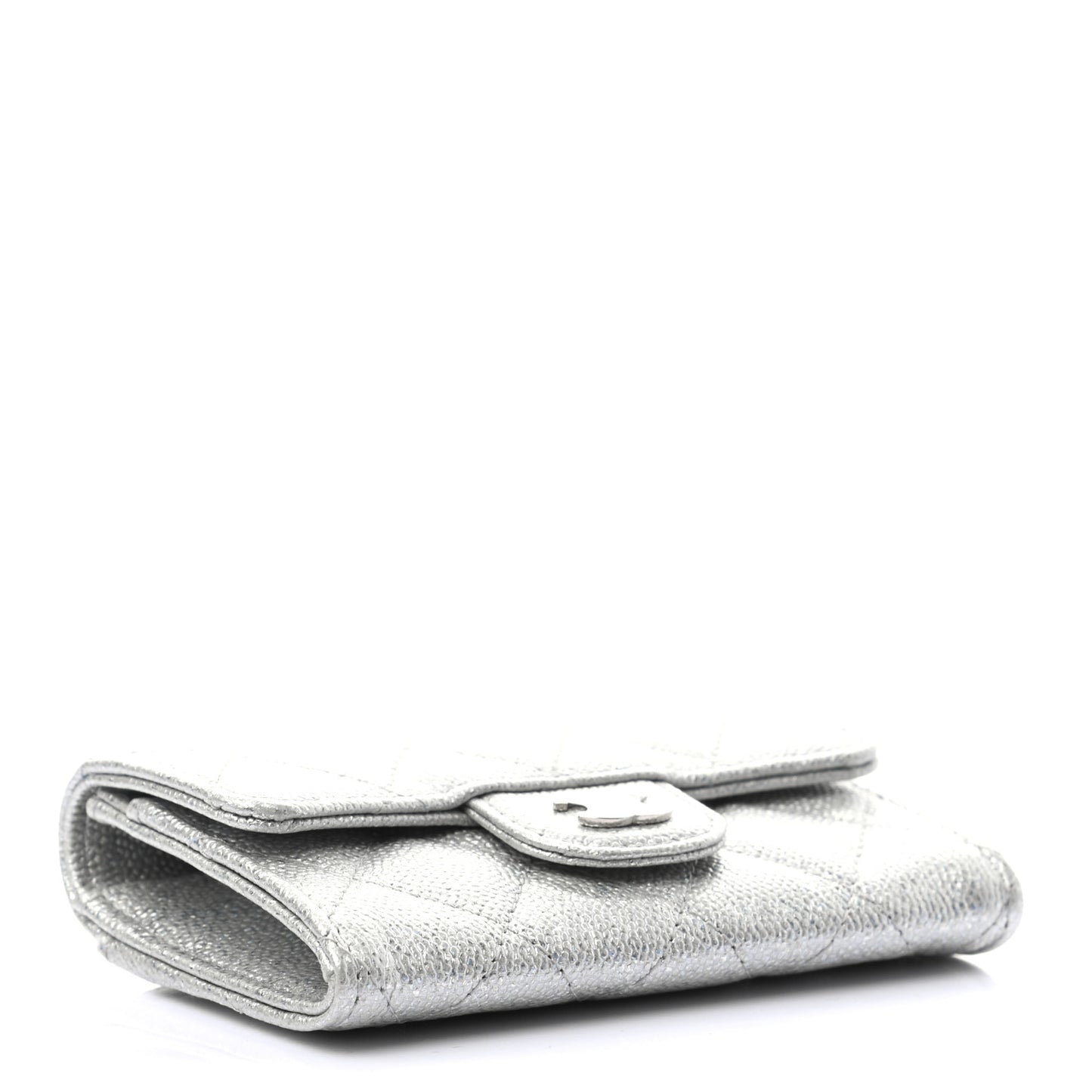 Glittered Metallic Caviar Quilted Flap Card Holder Wallet Silver