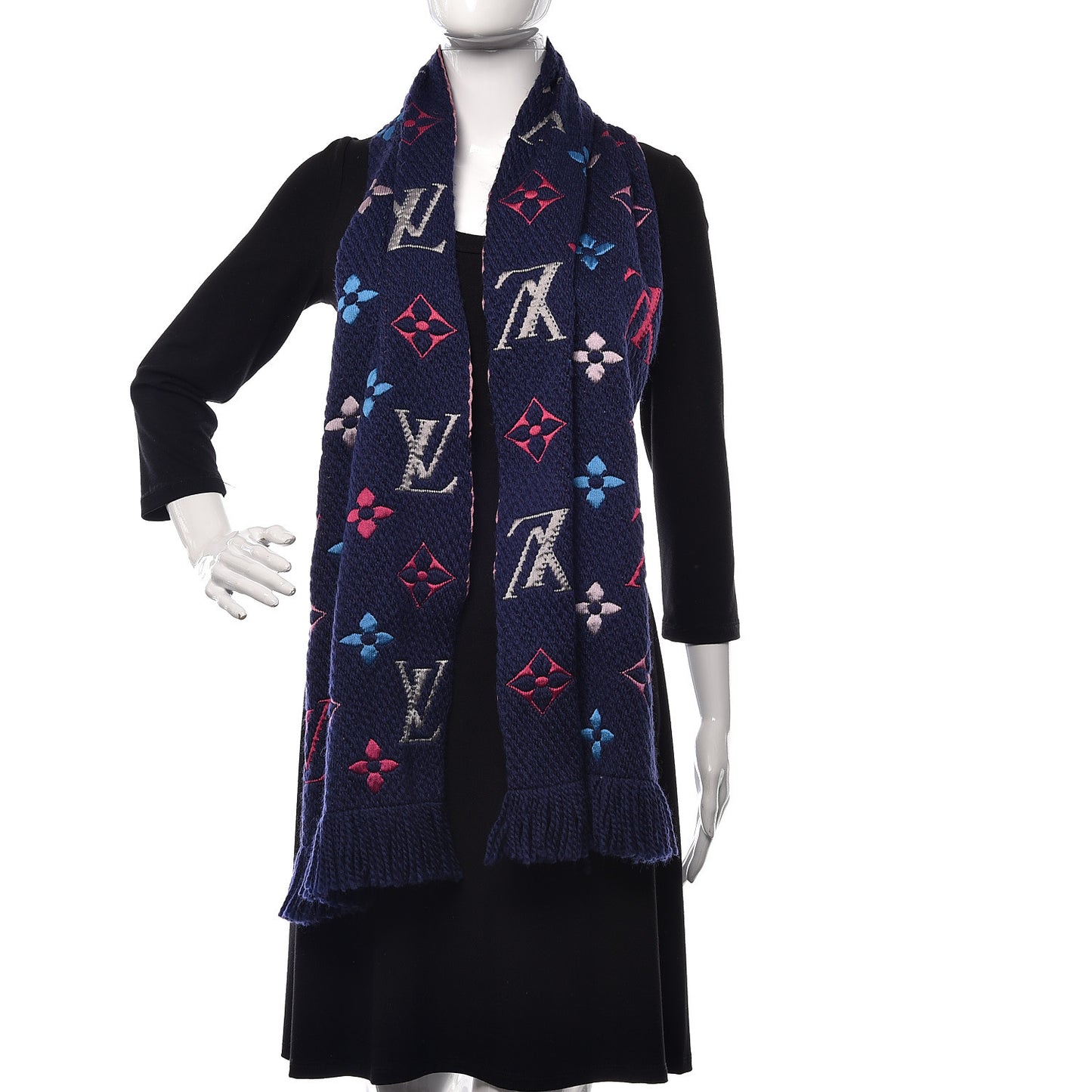Wool Silk Rainbow Logomania Scarf Navy