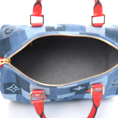 Louis Vuitton Denim Damier Monogram Patchwork Speedy Bandouliere 30 Blue Rouge 5 of 9