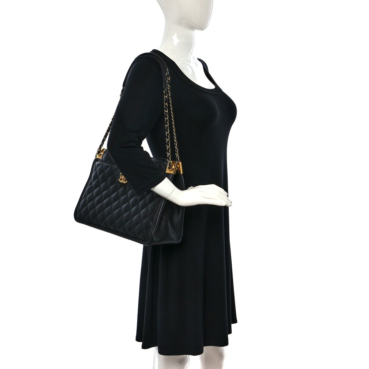 Lambskin Quilted Elegant CC Shopping Tote Black