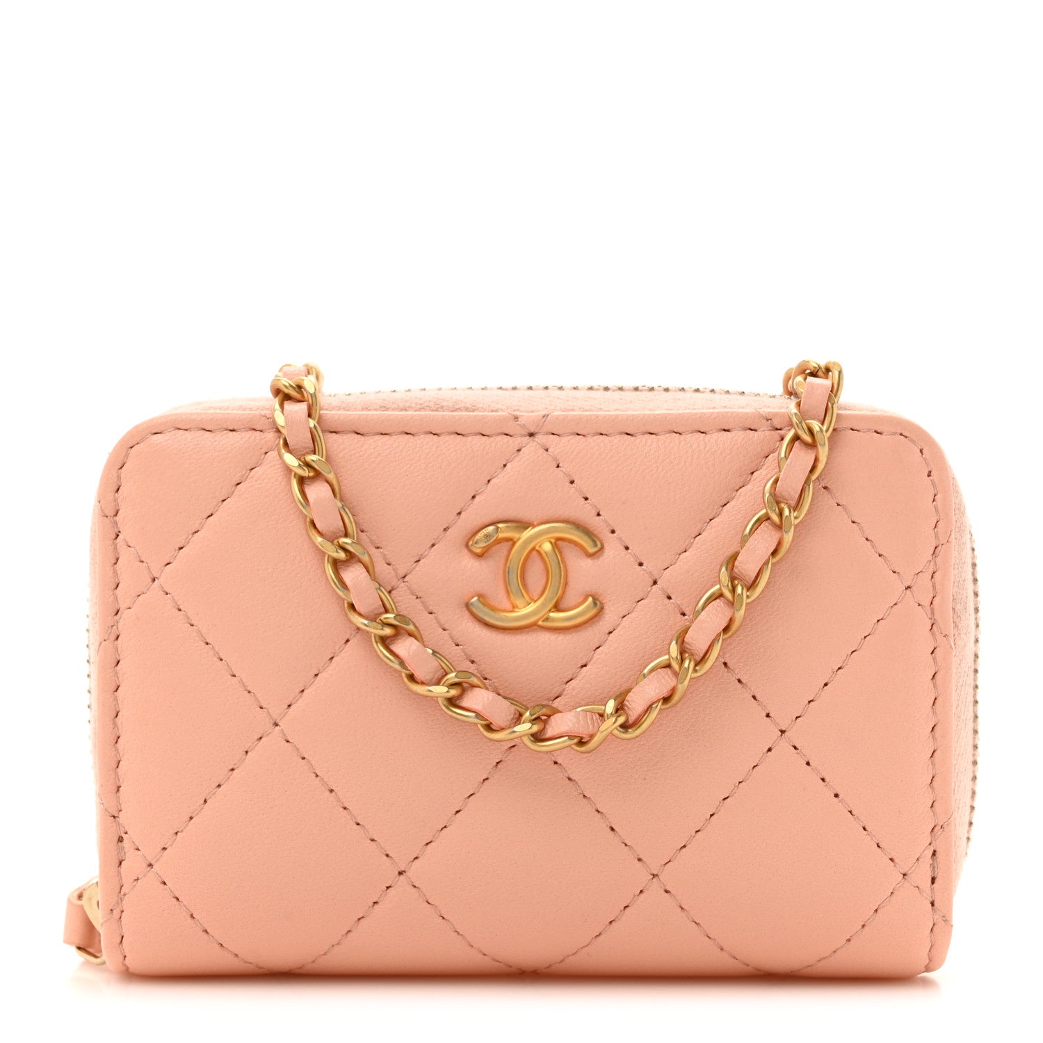 Chanel Lambskin Quilted CC Pearl Crush Zip Card Holder On Chain Pink 1 of 11