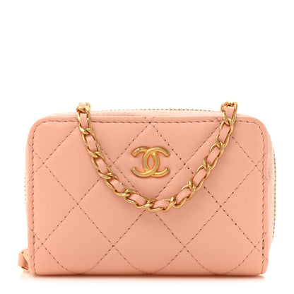 Chanel Lambskin Quilted CC Pearl Crush Zip Card Holder On Chain Pink 1 of 11
