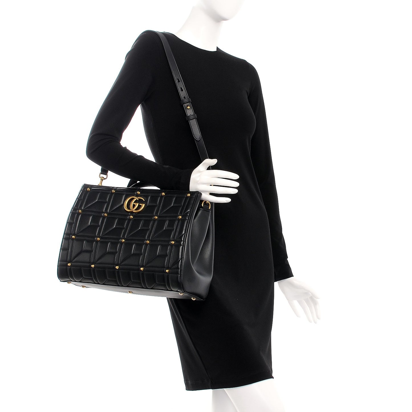 Calfskin Matelasse Studded Medium GG Marmont Tote Black