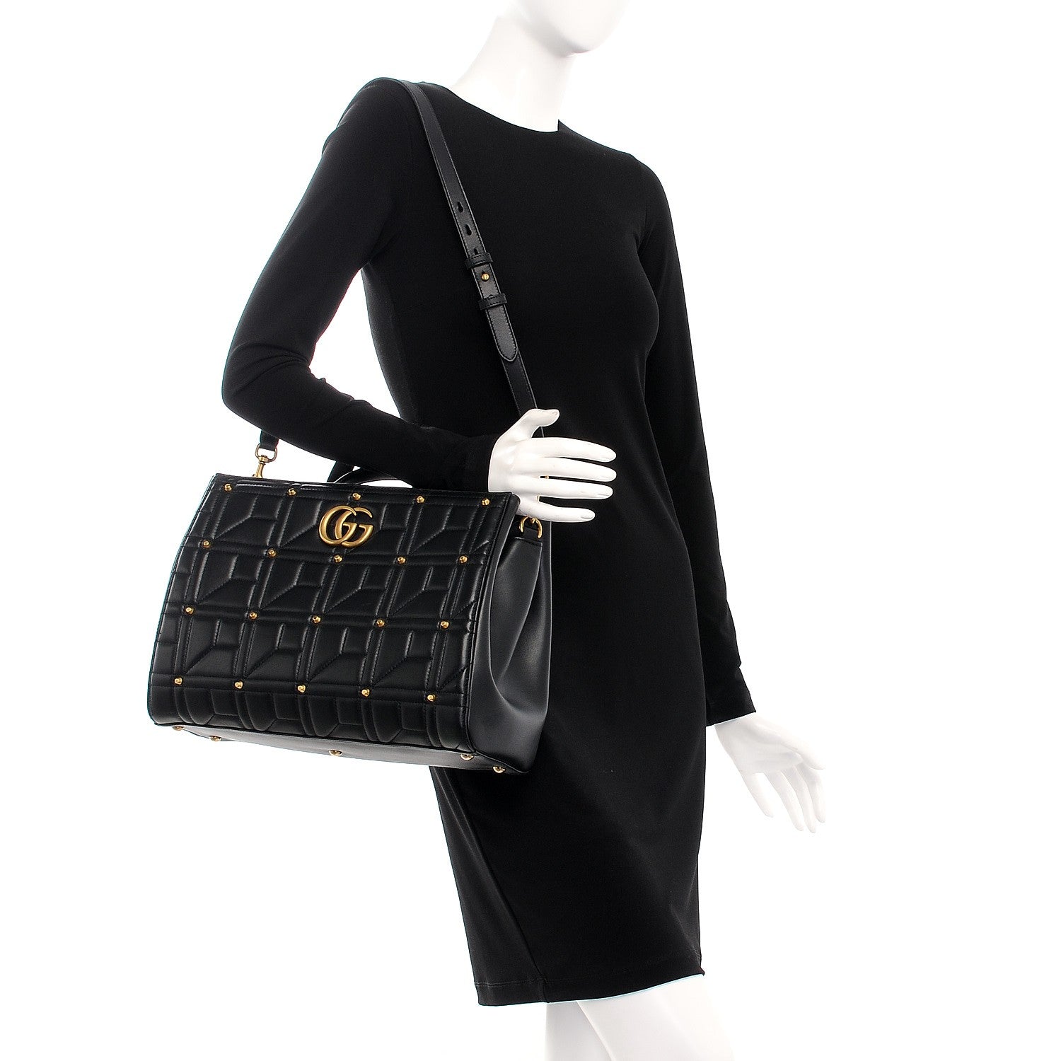 Gucci Calfskin Matelasse Studded Medium GG Marmont Tote Black 2 of 9