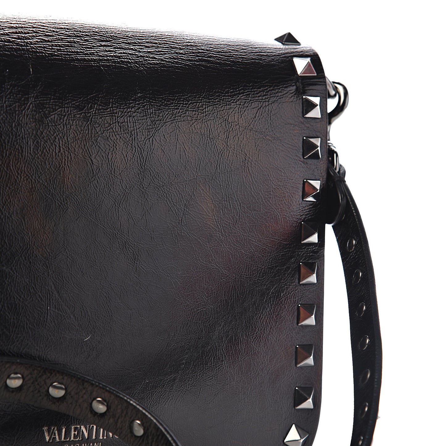 Craquele Calfskin Rockstud Shoulder Flap Messenger Bag Black