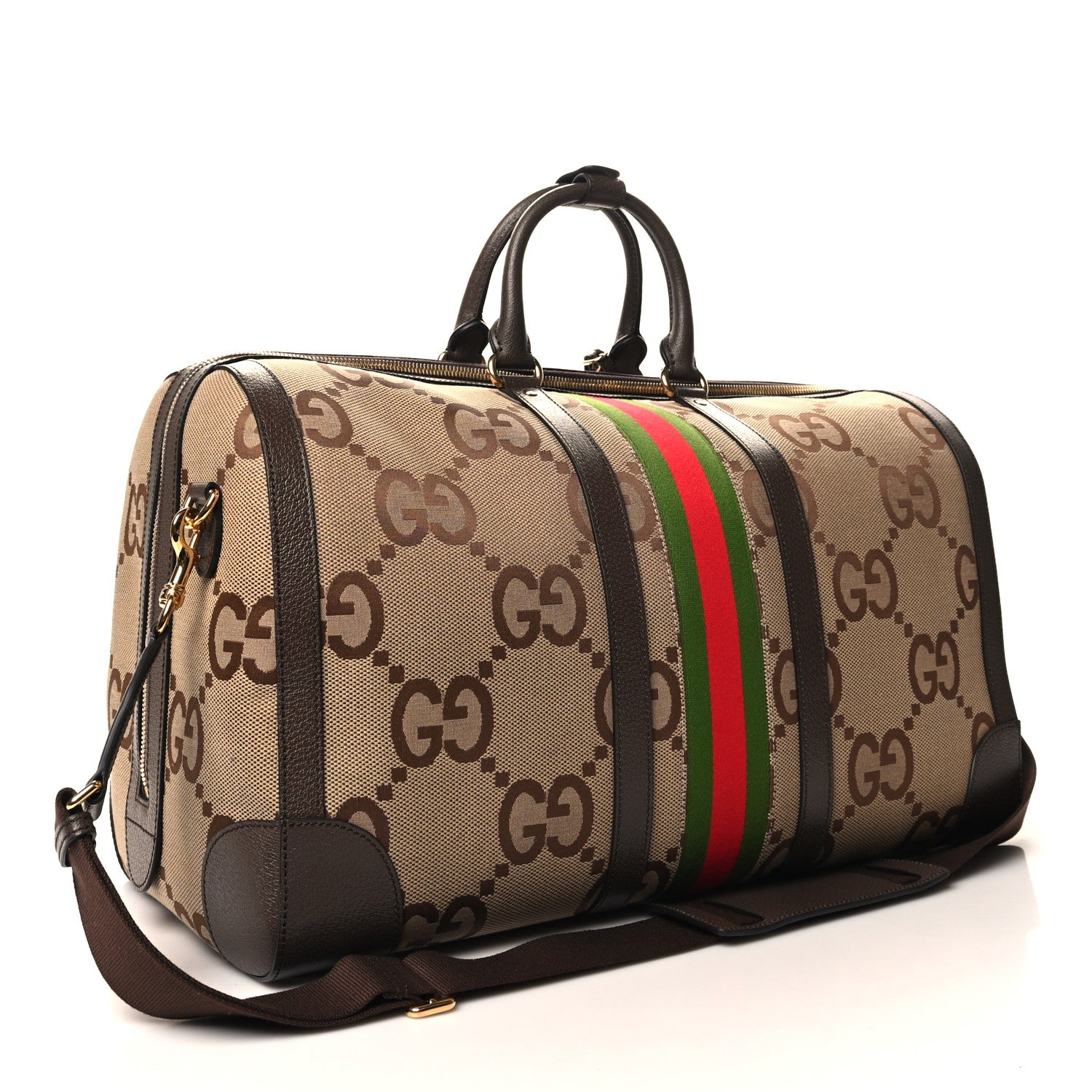 Gucci Monogram Jumbo GG Textured Dollar Calfskin Web Large Duffle Bag Camel Ebony 2 of 12