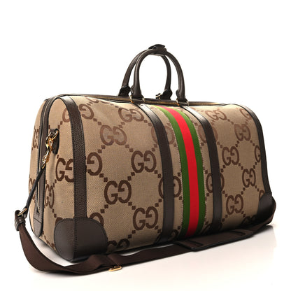 Gucci Monogram Jumbo GG Textured Dollar Calfskin Web Large Duffle Bag Camel Ebony 2 of 12
