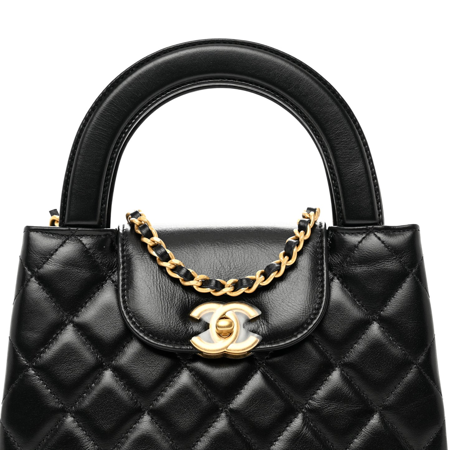 Shiny Aged Calfskin Quilted Nano Kelly Shopper Black