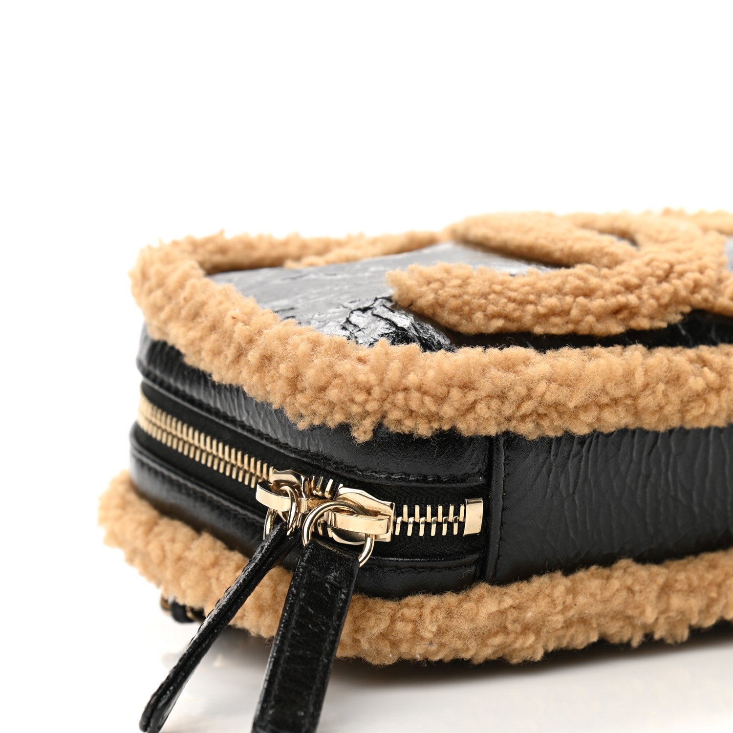 Chanel Shiny Crumpled Sheepskin Shearling CC Mania Waist Bag Black Light Brown 9 of 11