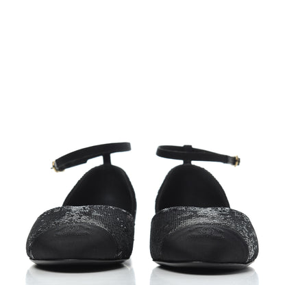 Chanel Sequin Grosgrain Cap Toe CC Ankle Strap Sandals 38 Black 2 of 9