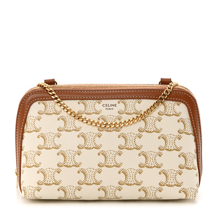 Celine Lambskin Triomphe Canvas Clutch With Chain White Tan 1 of 13