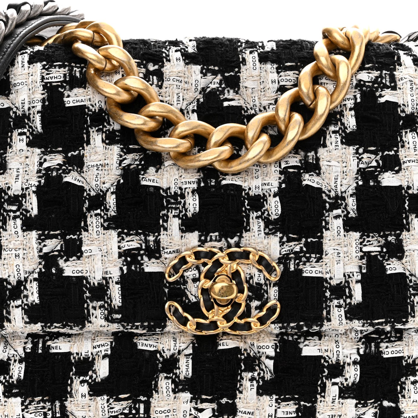 Tweed Quilted Large Chanel 19 Flap Black Ecru White