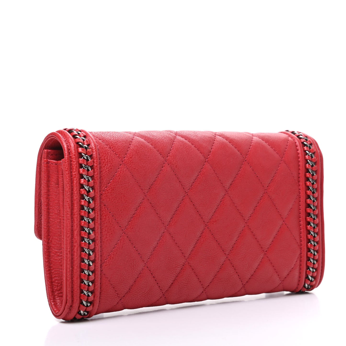 Calfskin Quilted Boy Chain Around Flap Wallet Red