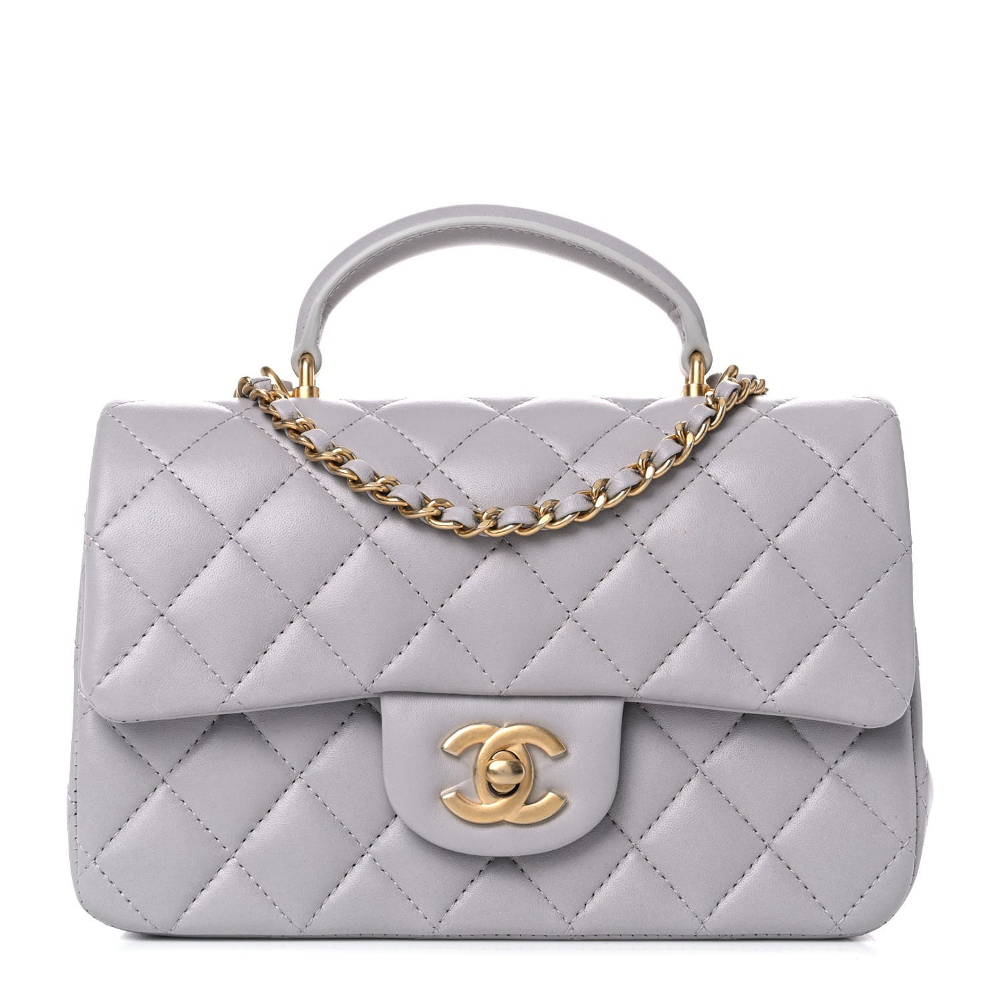 Lambskin Quilted Mini Top Handle Rectangular Flap Grey
