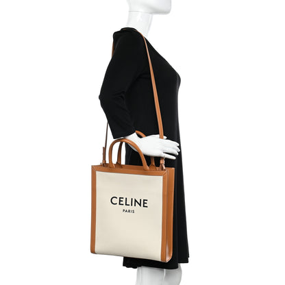 Celine Canvas Calfskin Logo Print Small Vertical Cabas Natural Tan 2 of 10