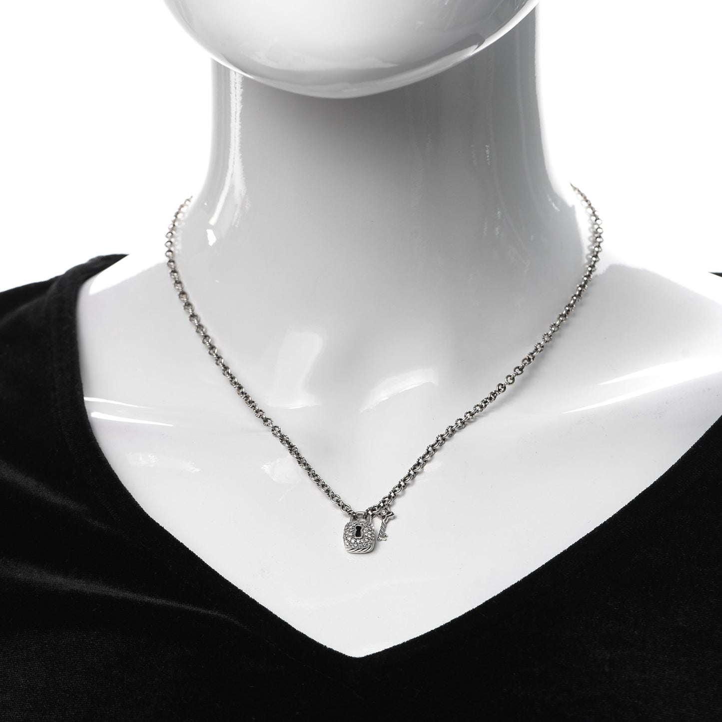 Sterling Silver Diamond Cable Collectibles Lock and Key Charm Pendant Necklace