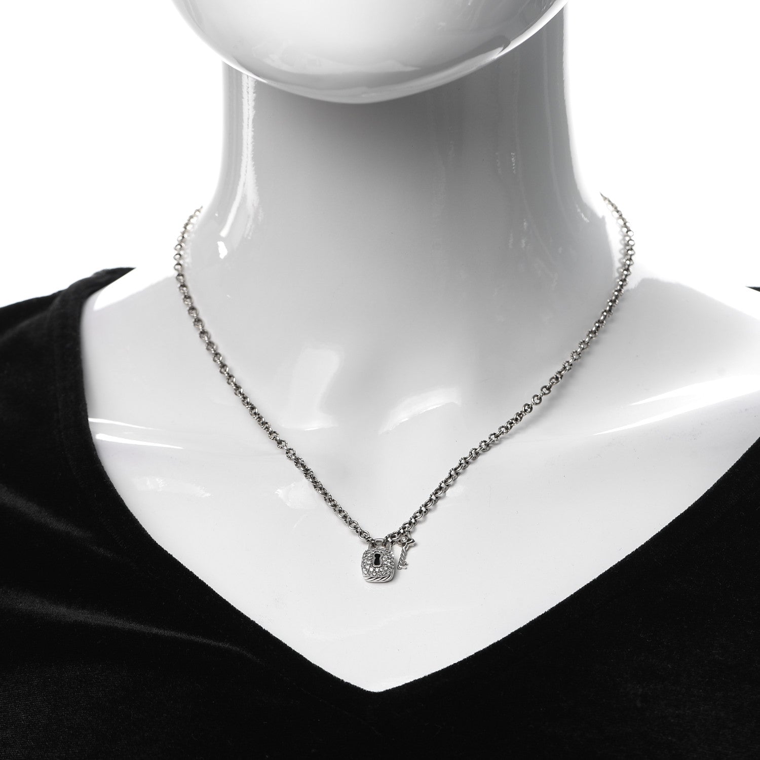 David Yurman Sterling Silver Diamond Cable Collectibles Lock and Key Charm Pendant Necklace 2 of 6