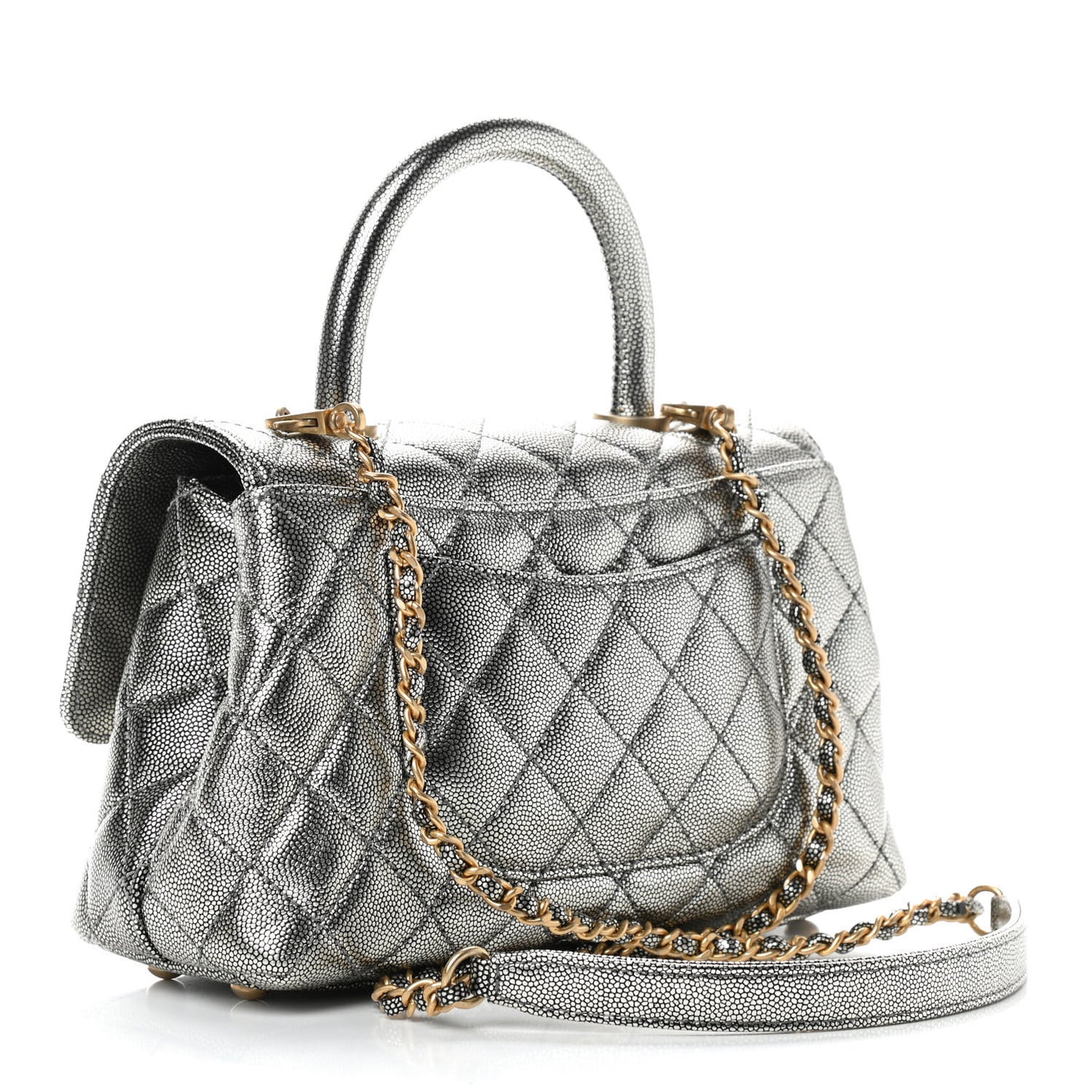 Metallic Caviar Quilted Mini Coco Handle Flap Silver