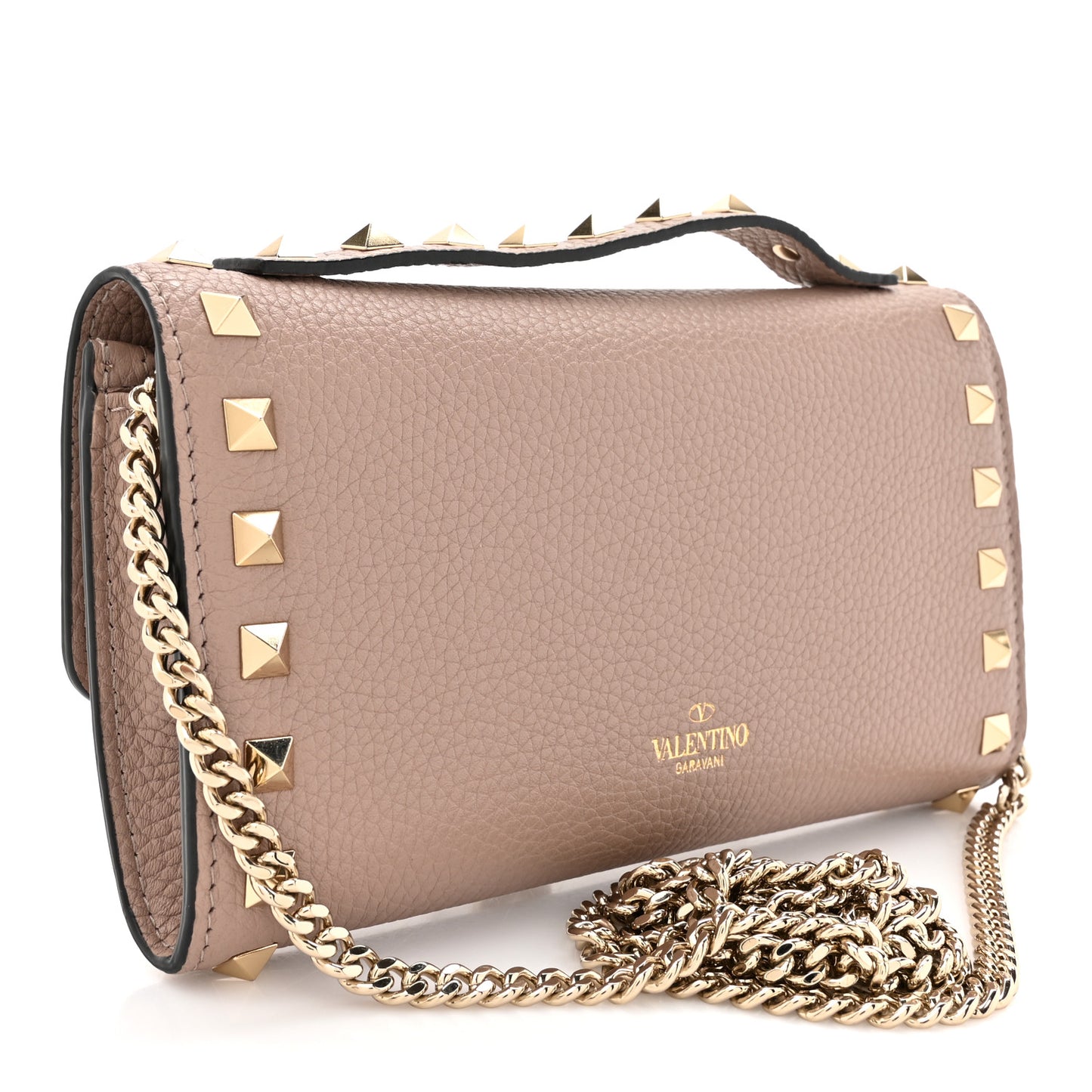 Pebbled Calfskin Rockstud Flip Lock Wallet On Chain Poudre