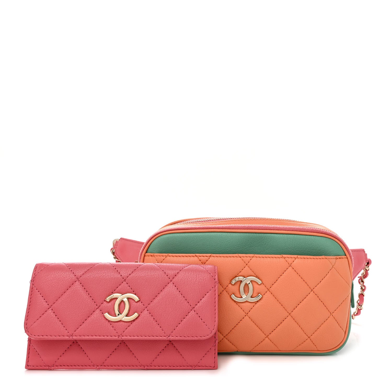 Chanel Goatskin Quilted Tri-Color In & Out Waist Bag Orange Green Pink 3 of 13
